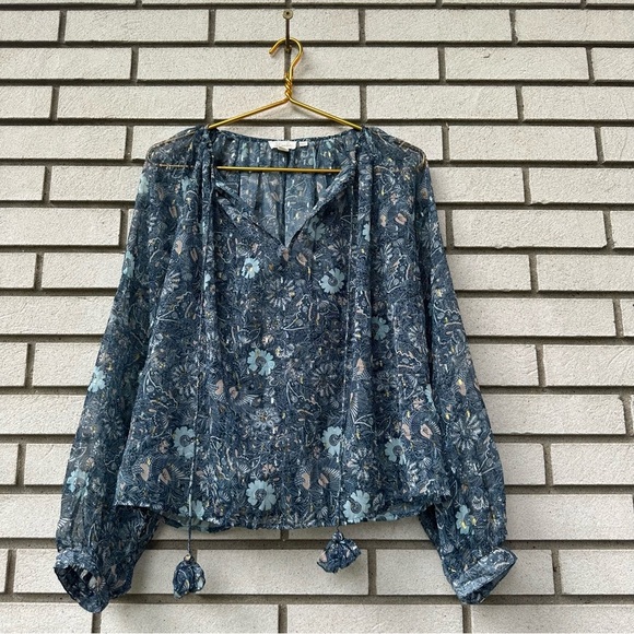 Anthropologie Let Me Be Blue Floral Sheer Chiffon Blouse M Puffed Sleeves Boho - Picture 4 of 14